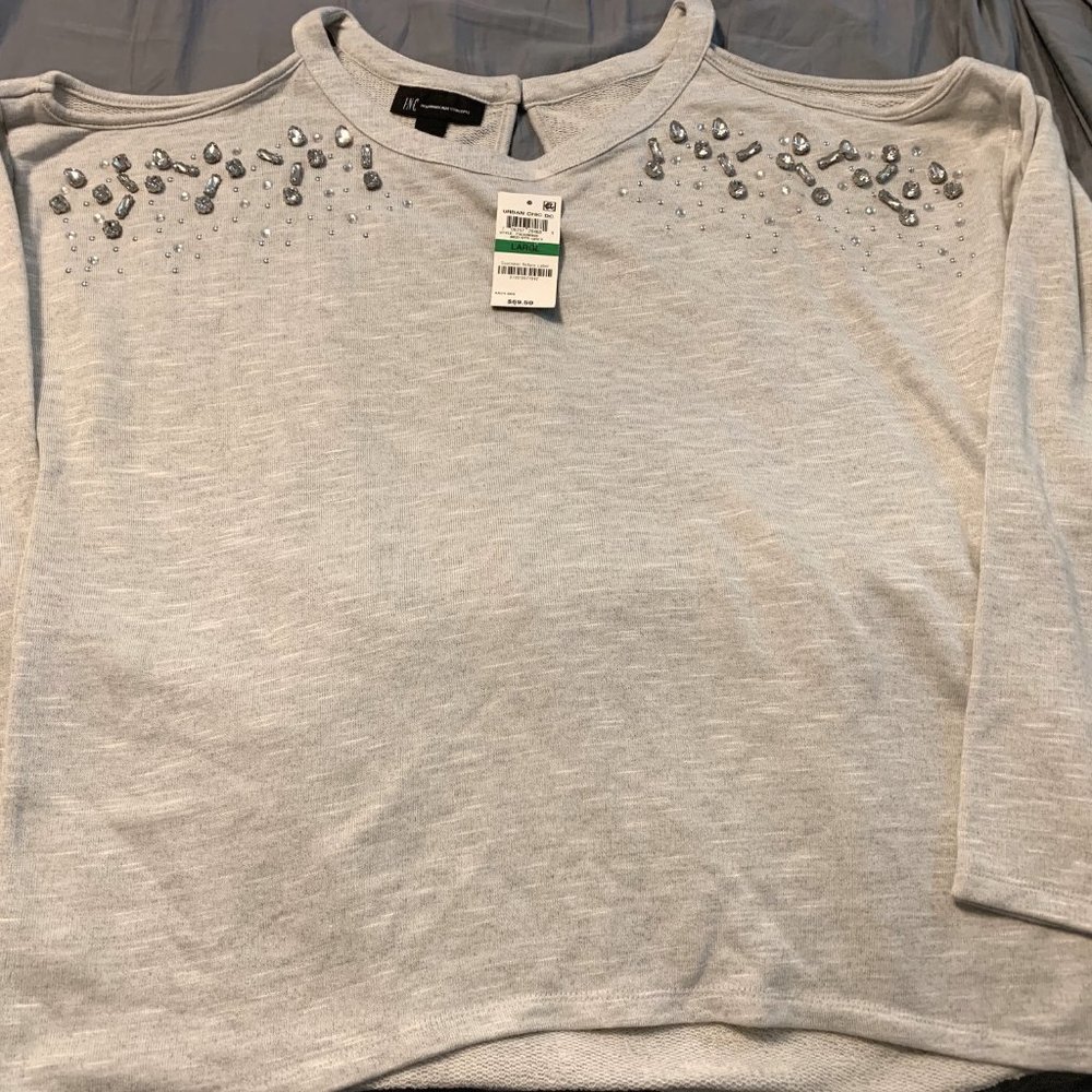 inc international concepts soft gray top with large rhinestone trim L NWT